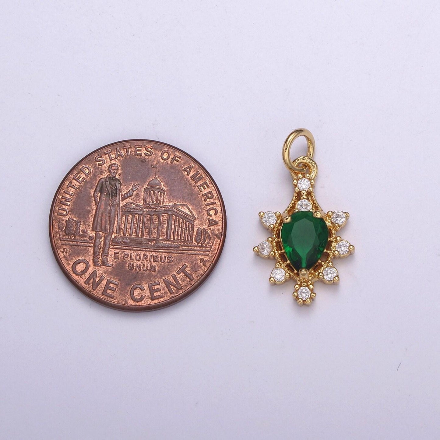 Gold flower teardrop cz green solitaire cz charm, pear cut green zirconia pendant, classic cubic pave for diy craft making. c-201
