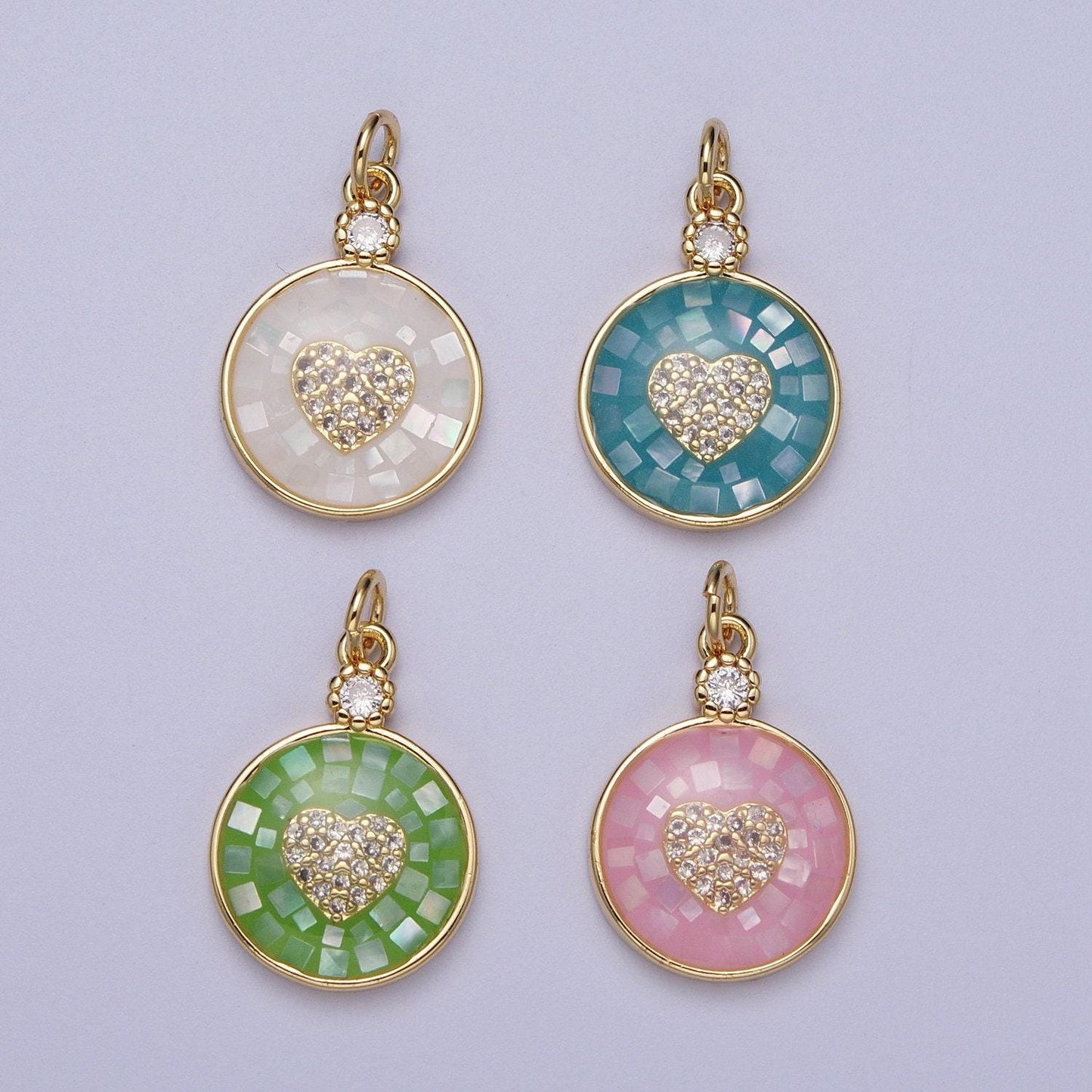 Dainty pink, green, blue white shell heart pendant for love jewelry making supply in 24k gold filled