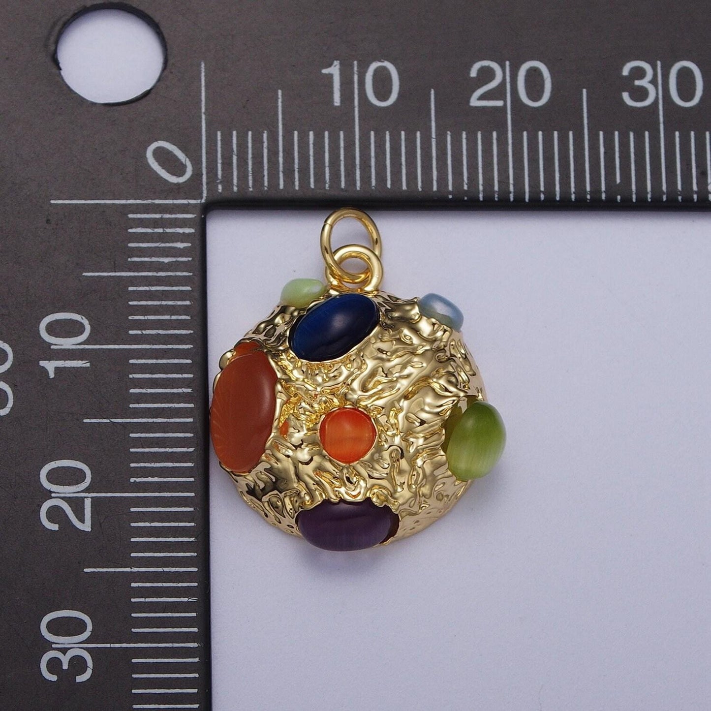Gold abstract textured pendant, 24k gold plated rustic round ball cabochon cat's eye gemstones abstract charm | c111
