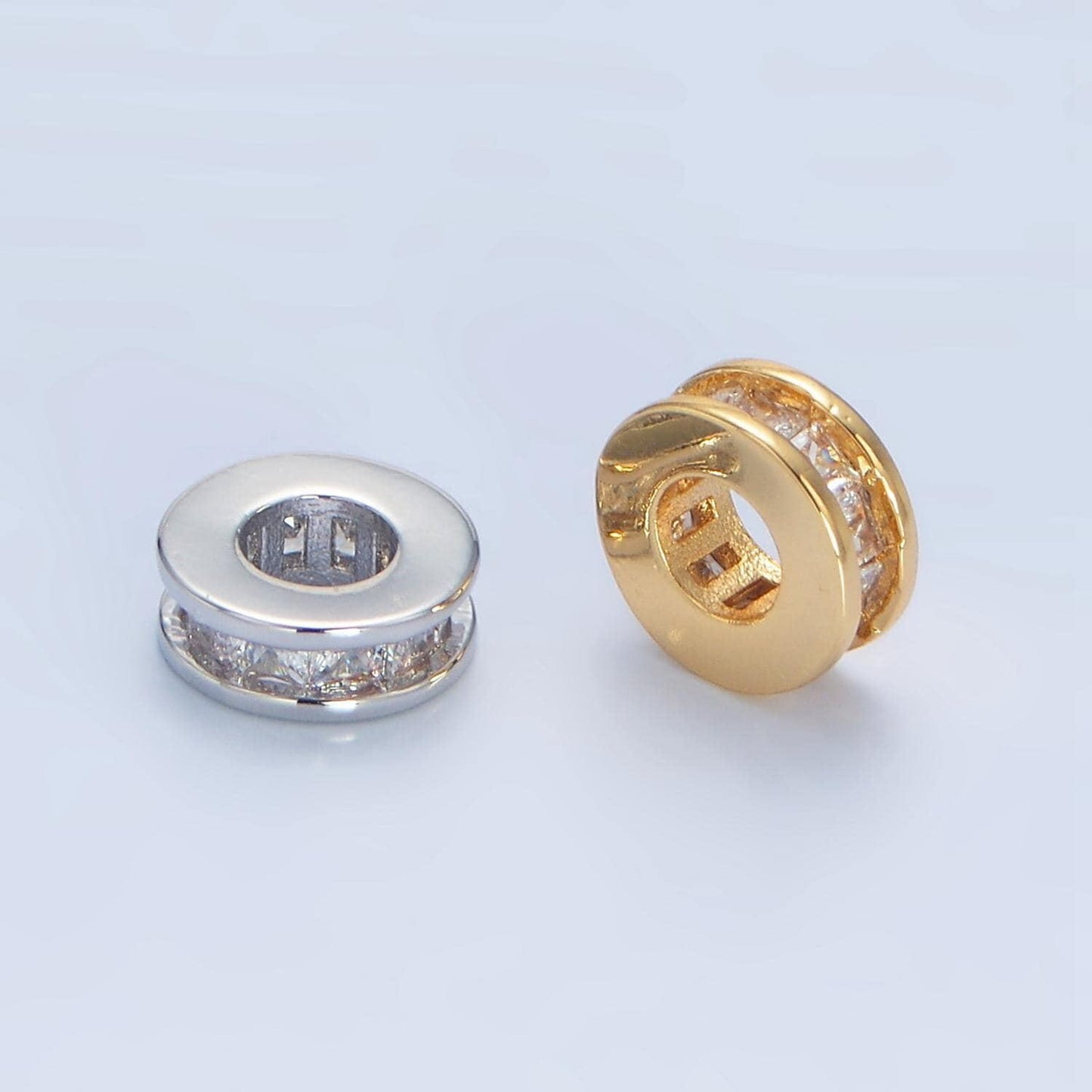 Round flat bead 8.6mm baguette cz gold filled bead in gold & silver | b-902