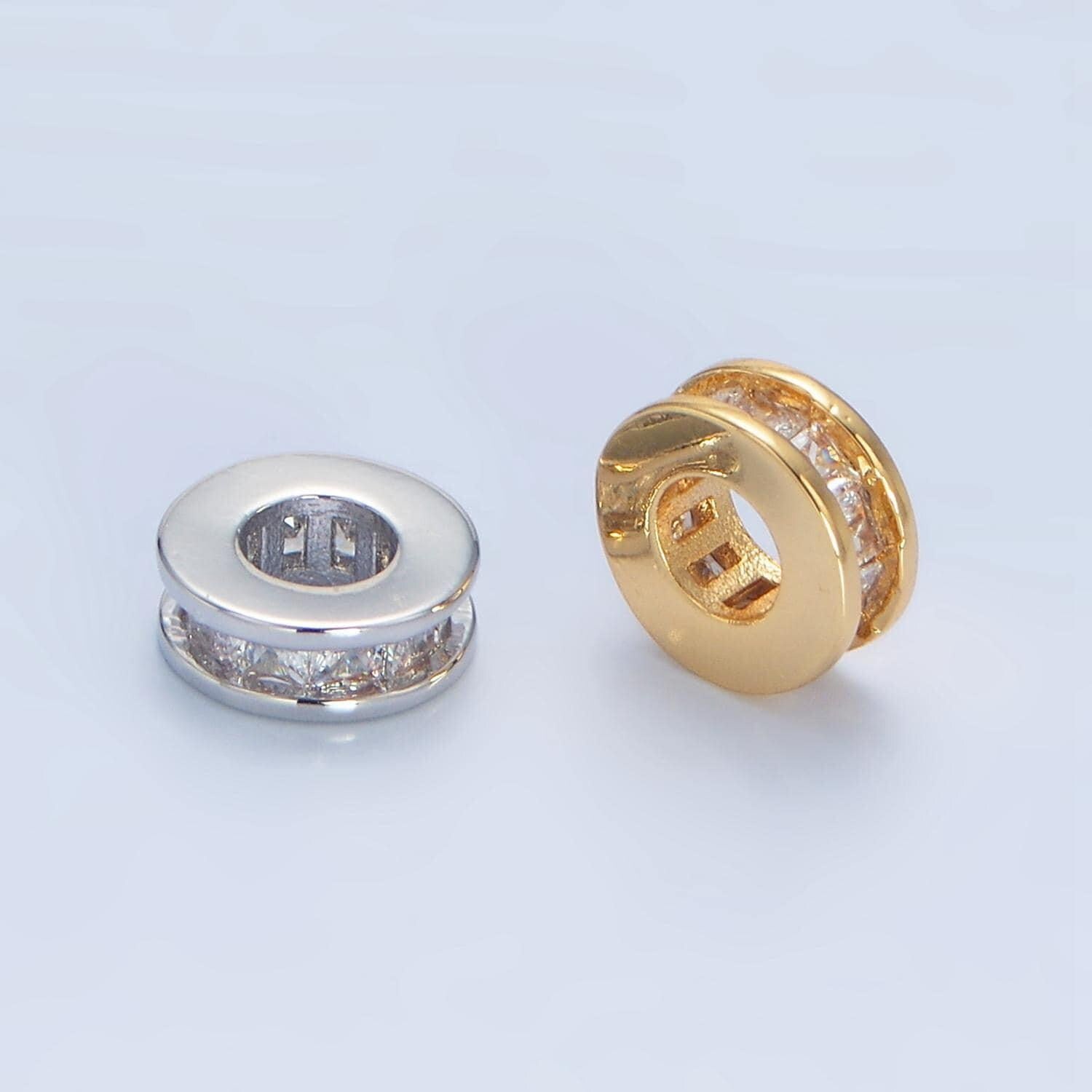 Round flat bead 8.6mm baguette cz gold filled bead in gold & silver | b-902