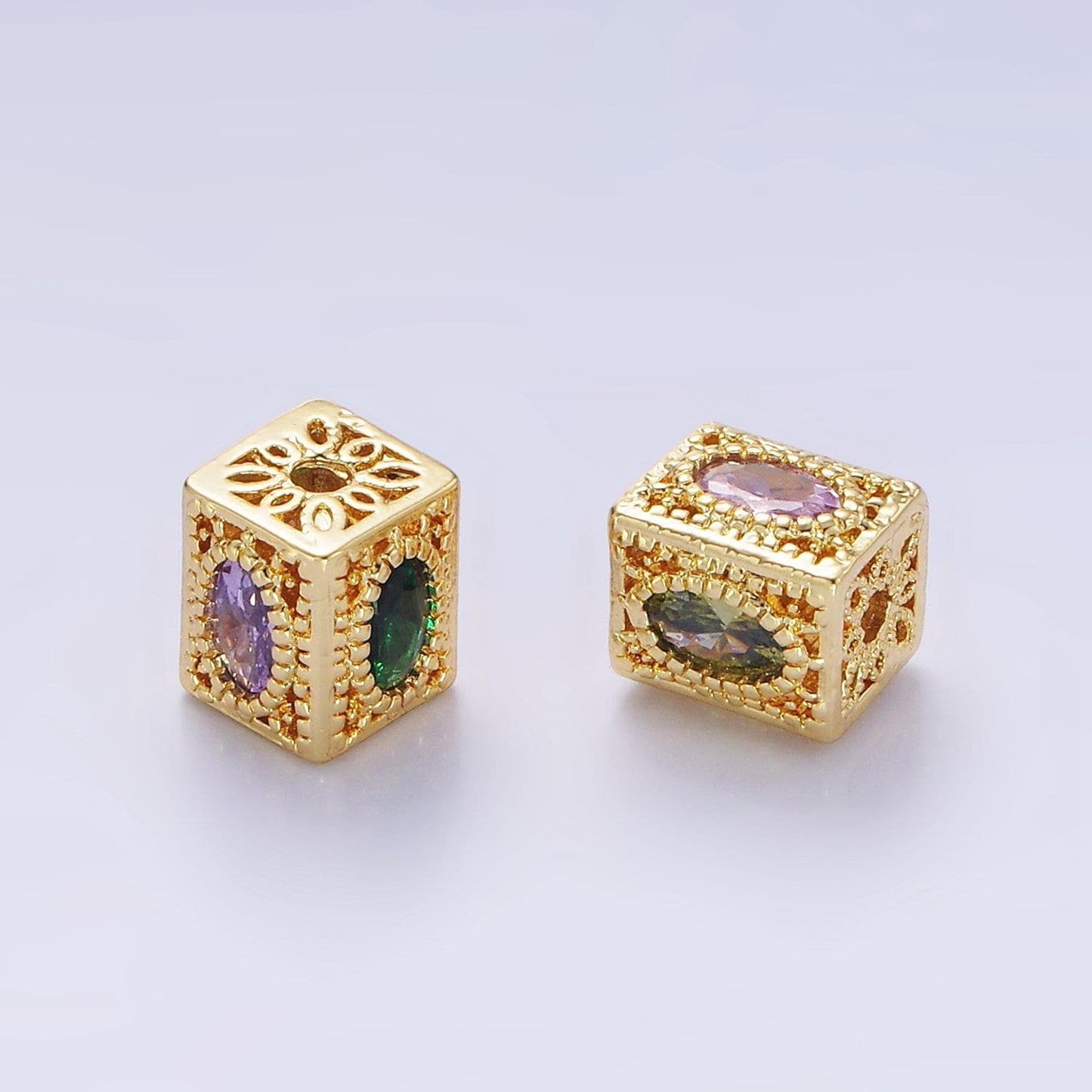 14k gold filled multicolor oval cz flower filigree rectangular bead | b-883