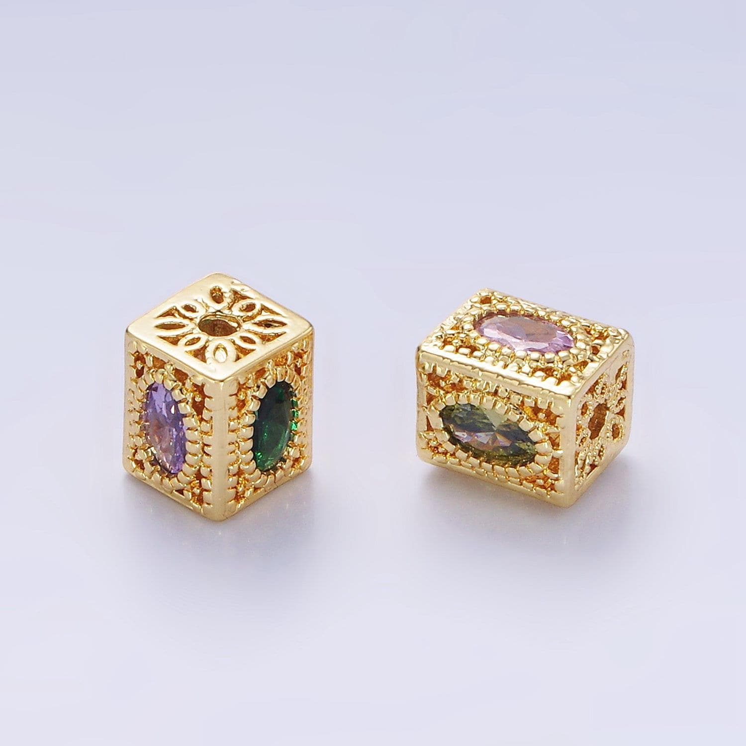 14k gold filled multicolor oval cz flower filigree rectangular bead | b-883