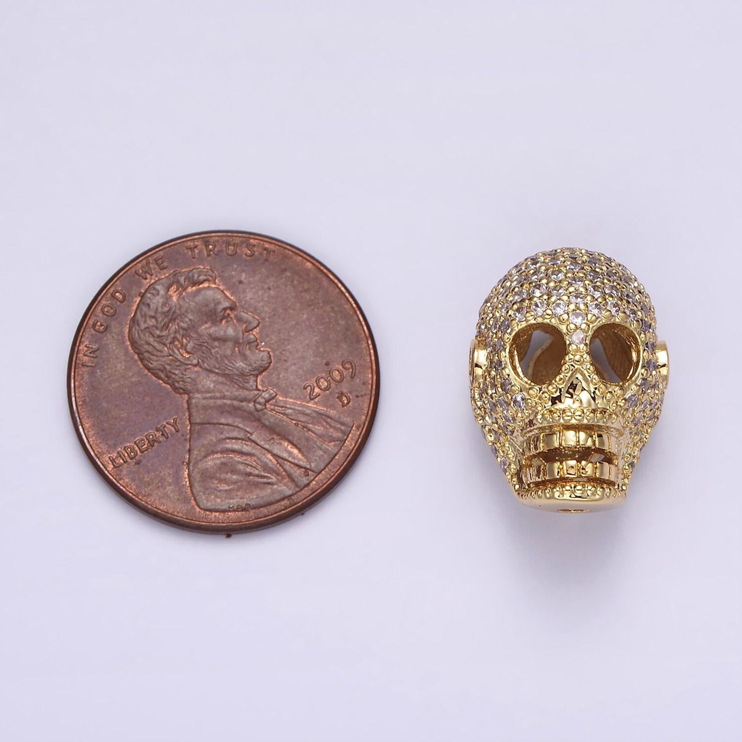 14k gold filled 16mm clear micro paved cz skeleton skull mask bead in gold & silver | b849 b850