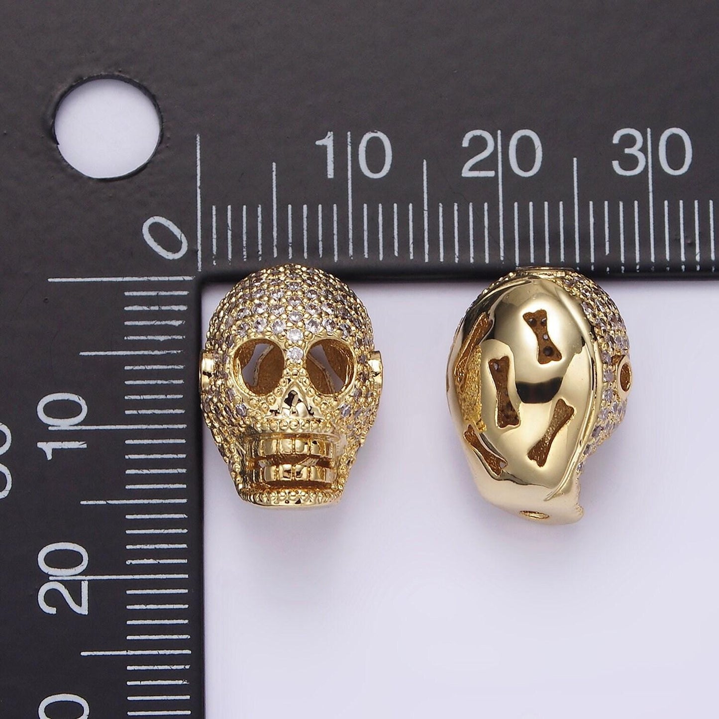 14k gold filled 16mm clear micro paved cz skeleton skull mask bead in gold & silver | b849 b850