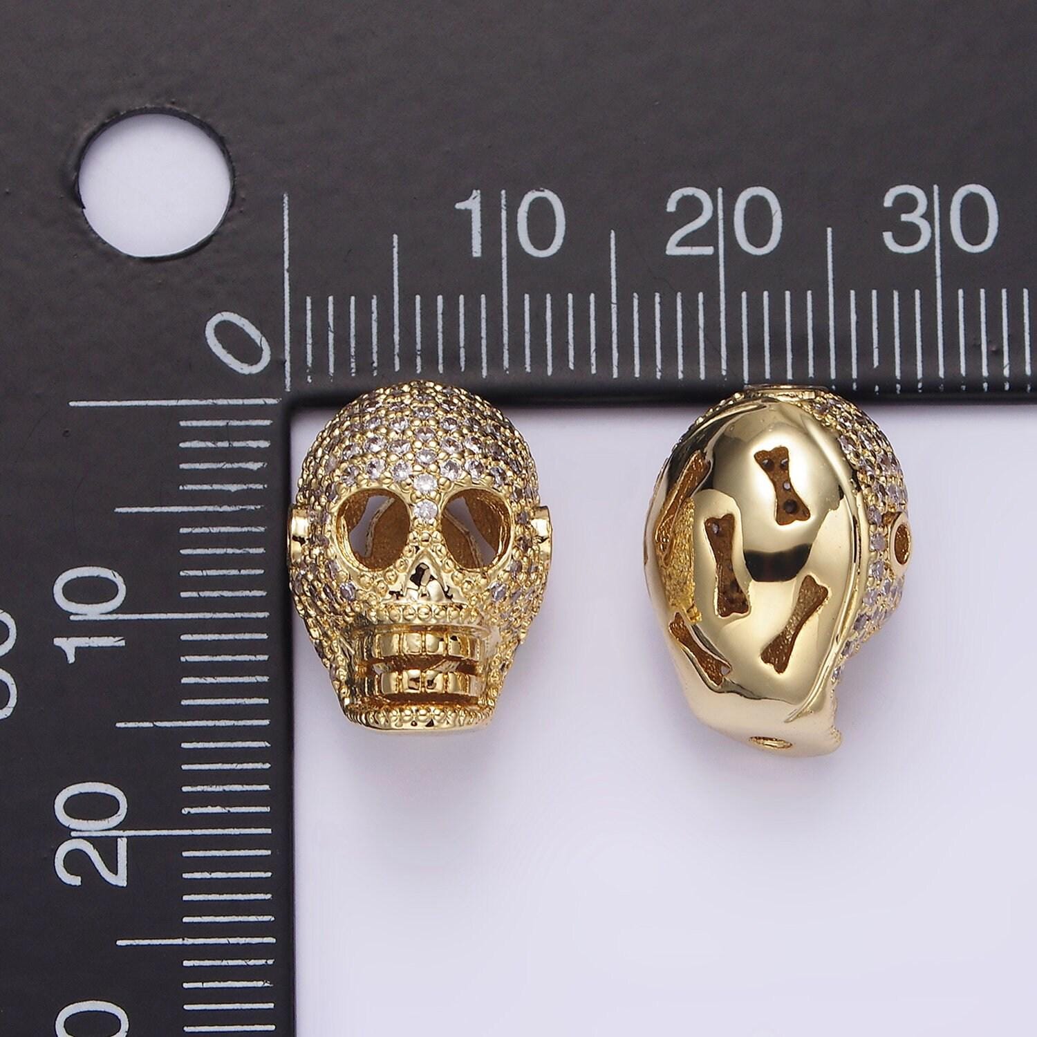 14k gold filled 16mm clear micro paved cz skeleton skull mask bead in gold & silver | b849 b850