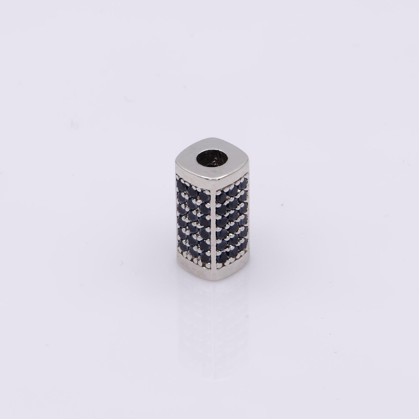 1x black cz pave on black large hole hexagon tube spacer beads, cubic zirconia silver tube space beads, men's jewelry findings