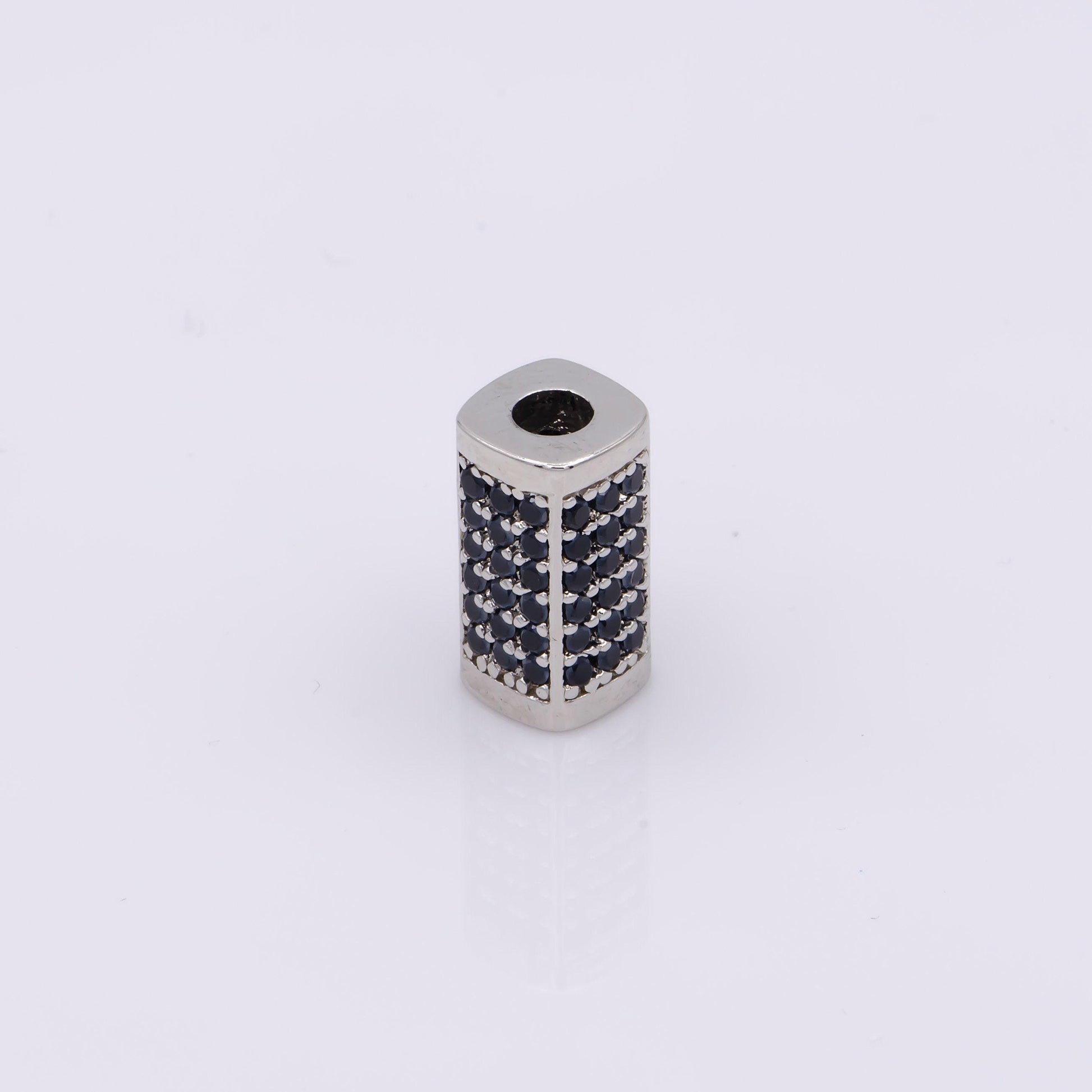 1x black cz pave on black large hole hexagon tube spacer beads, cubic zirconia silver tube space beads, men's jewelry findings