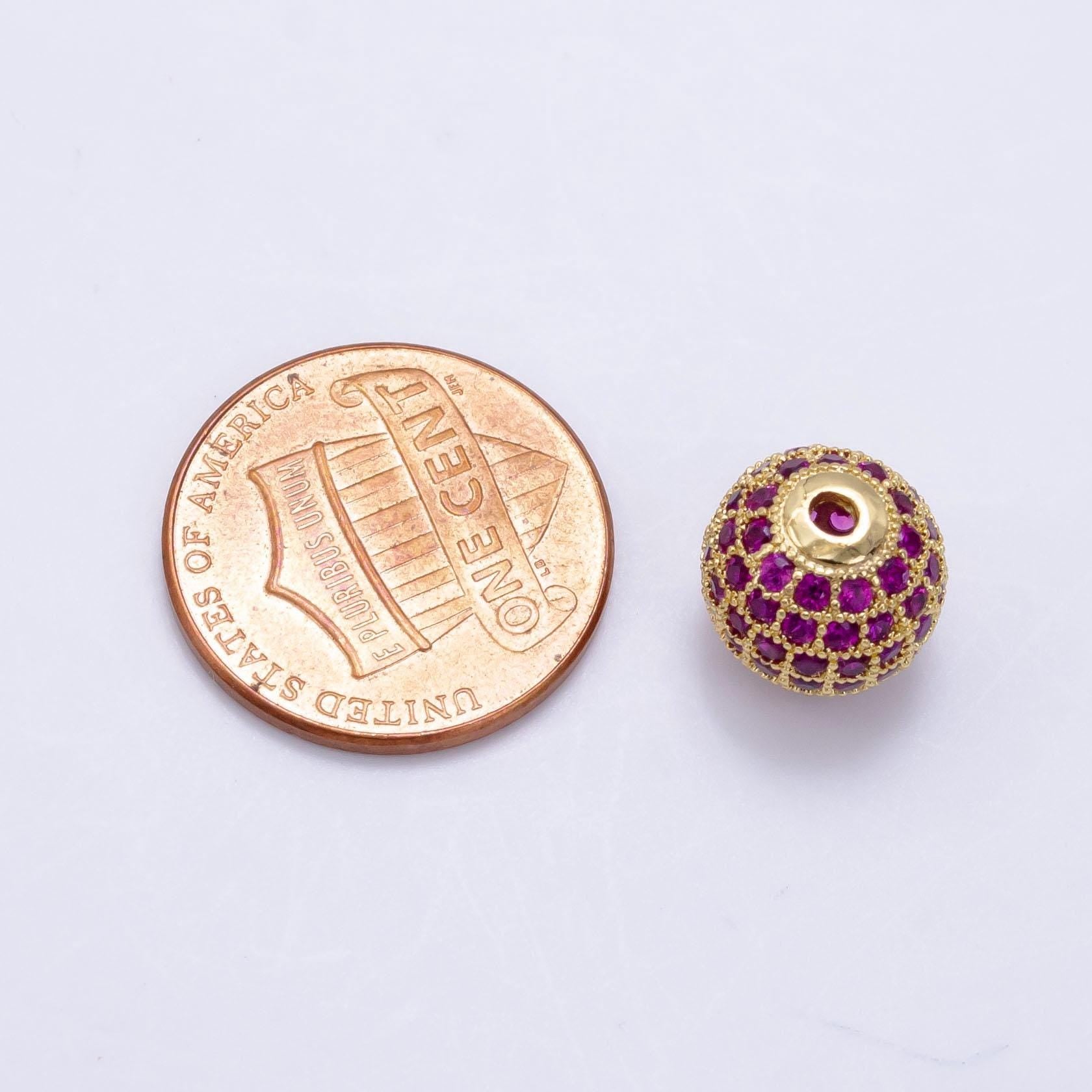Fuchsia micro paved cz, 24k gold filled disco ball bead | b-592