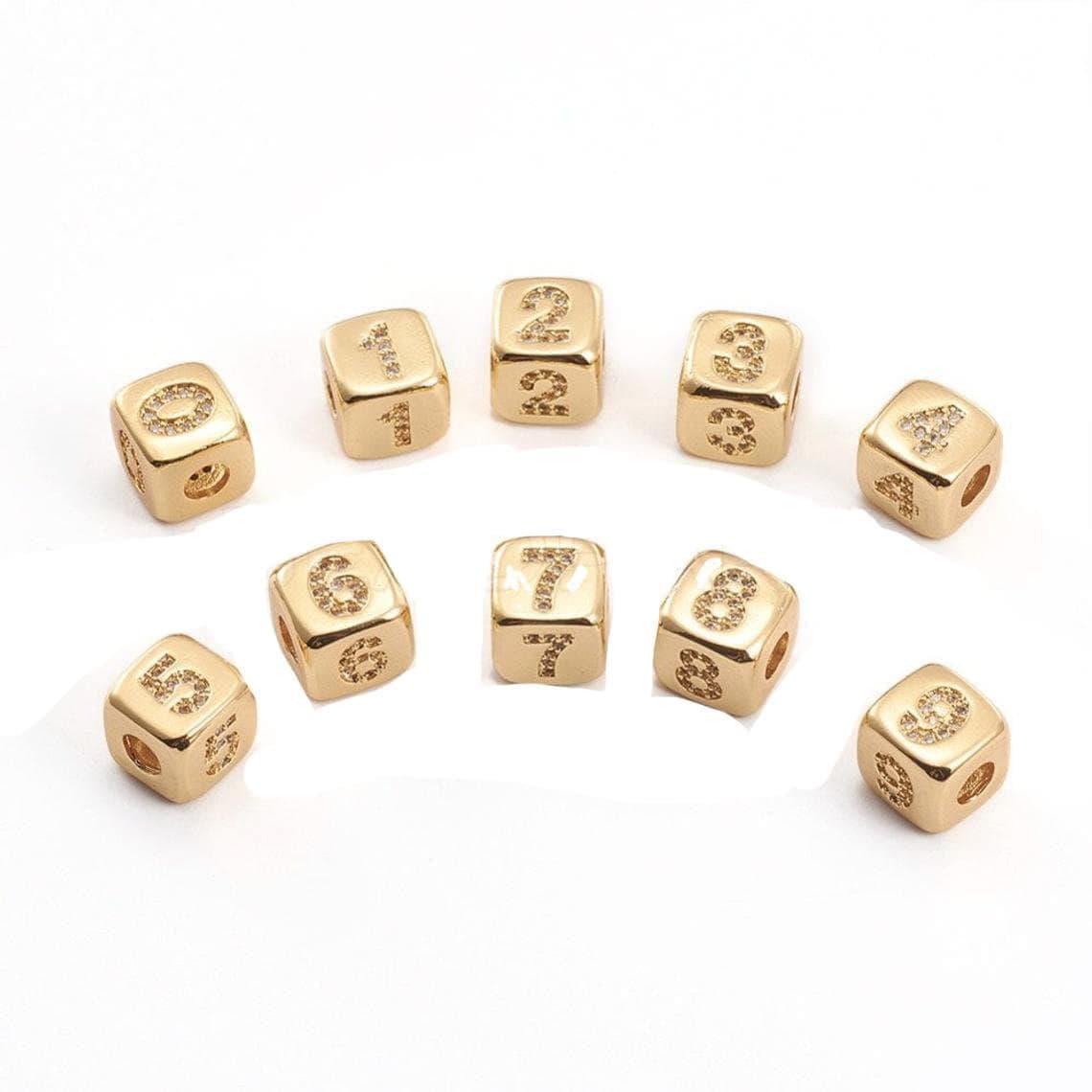 9mm gold initial number beads, 1,2,3,4,5,6,7 beads, arabic number beads micro pave dice block charm for bracelet necklace supply 0-9 year