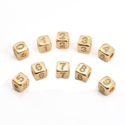 9mm gold initial number beads, 1,2,3,4,5,6,7 beads, arabic number beads micro pave dice block charm for bracelet necklace supply 0-9 year