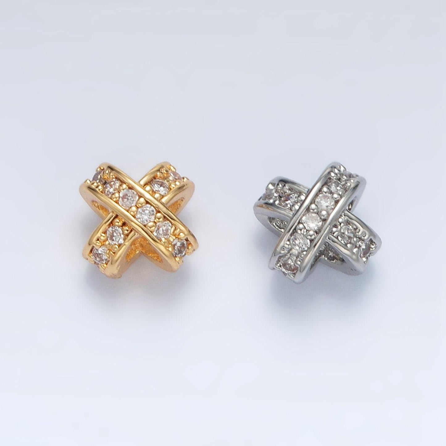 Gold filled cz paved double cross band bead in gold & silver | b-396