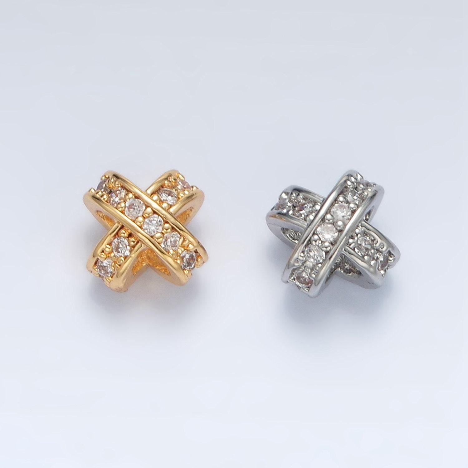 Gold filled cz paved double cross band bead in gold & silver | b-396