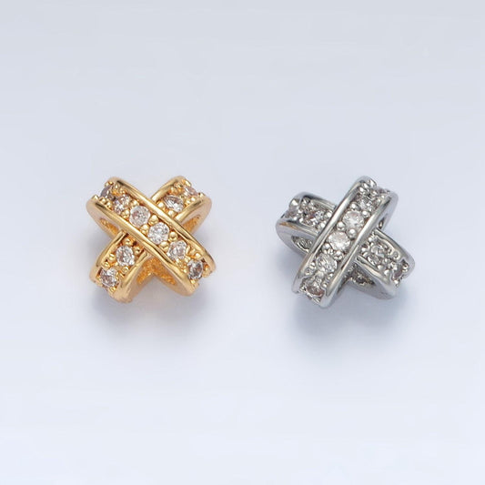 Gold filled cz paved double cross band bead in gold & silver | b-396