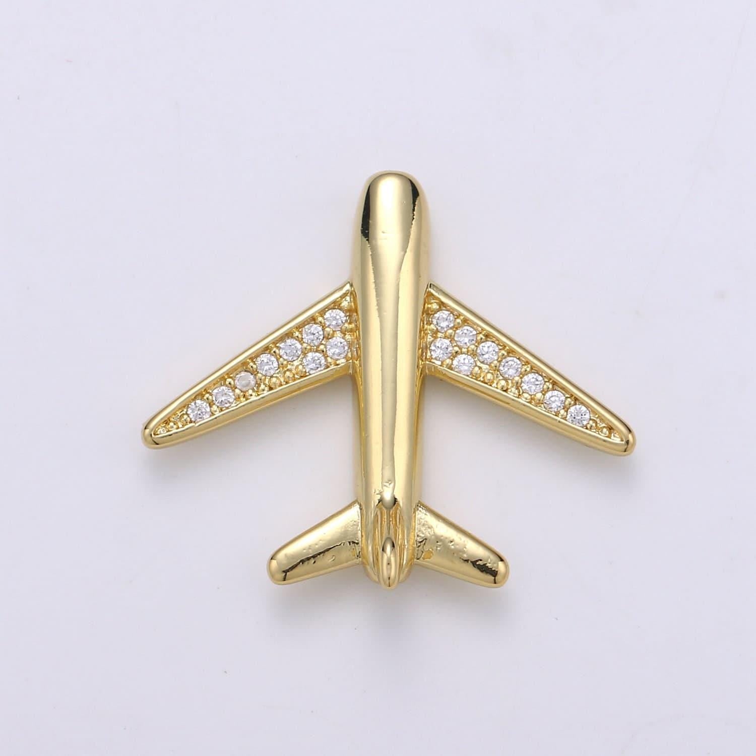 Airplane 24k gold micro pave beads, hollow along the plane body cz plane charm bead connector, wide body plane beads, b-393