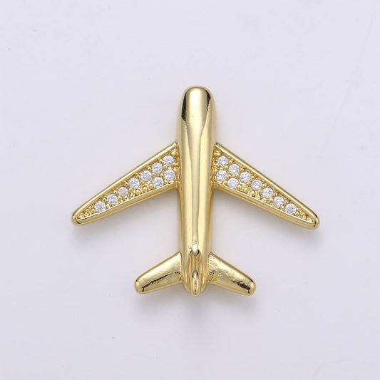 Airplane 24k gold micro pave beads, hollow along the plane body cz plane charm bead connector, wide body plane beads, b-393