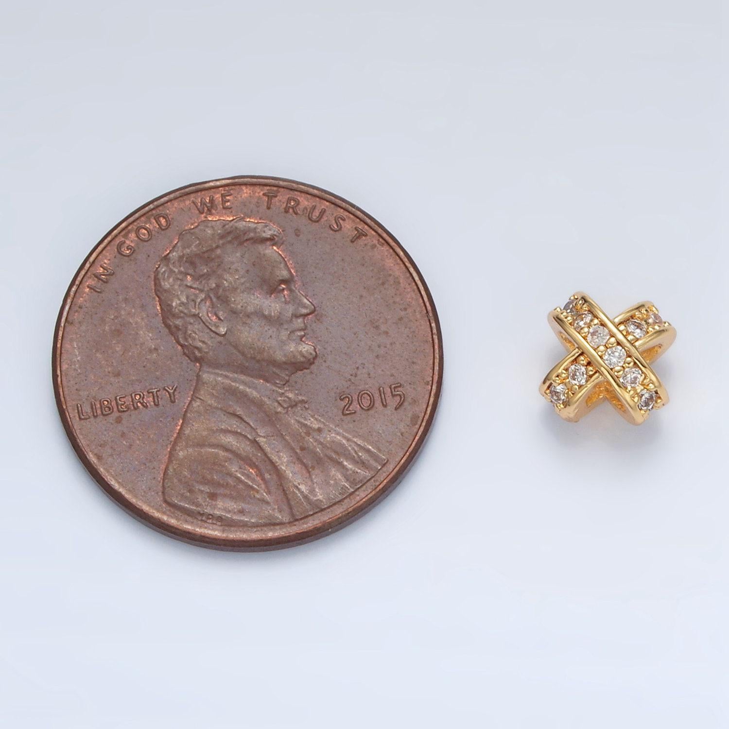 Gold filled cz paved double cross band bead in gold & silver | b-396