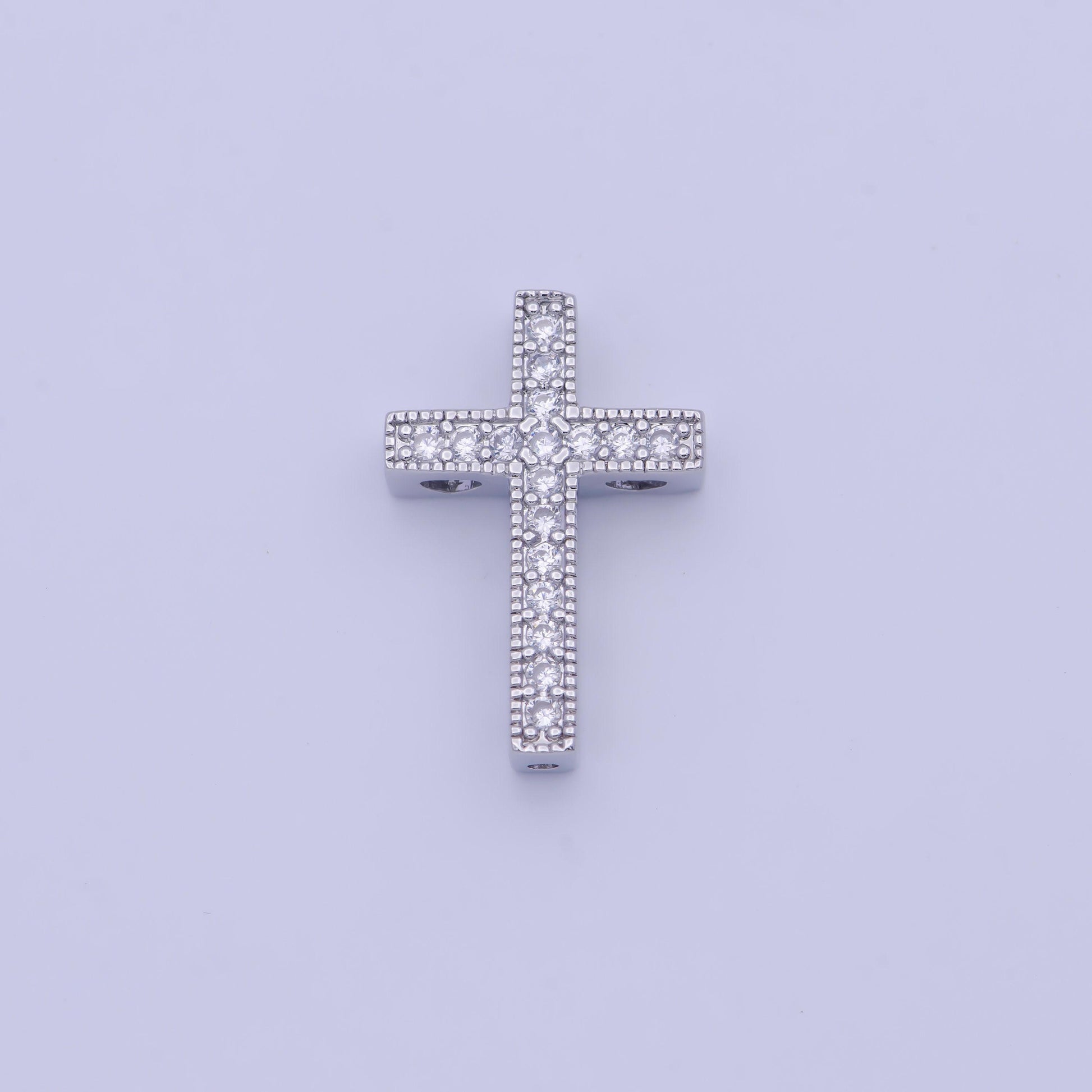 Bold gold & silver cz cross bead pendant, 24k/white gold filled clear micro paved square cut cz religious cross beads | b-164