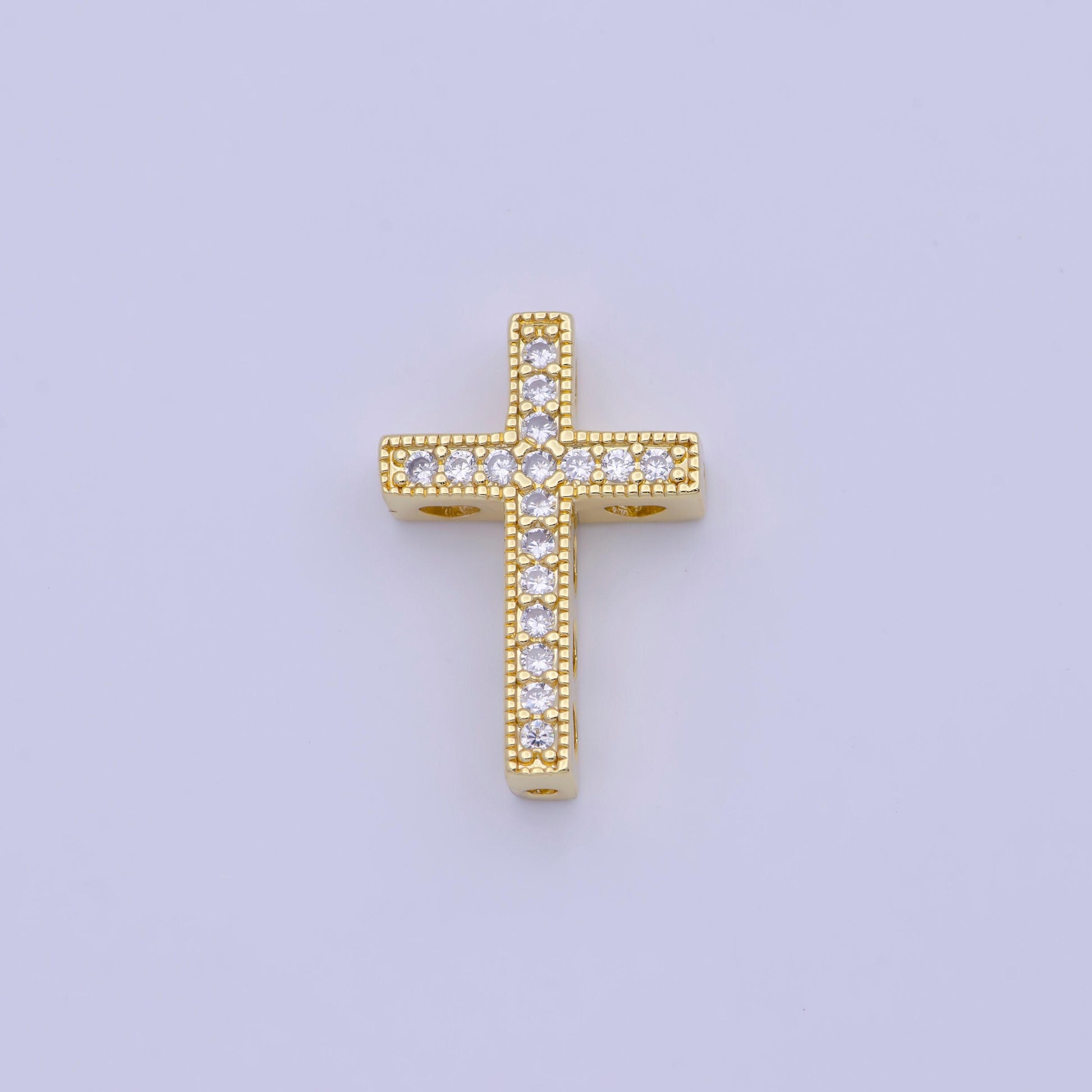Bold gold & silver cz cross bead pendant, 24k/white gold filled clear micro paved square cut cz religious cross beads | b-164
