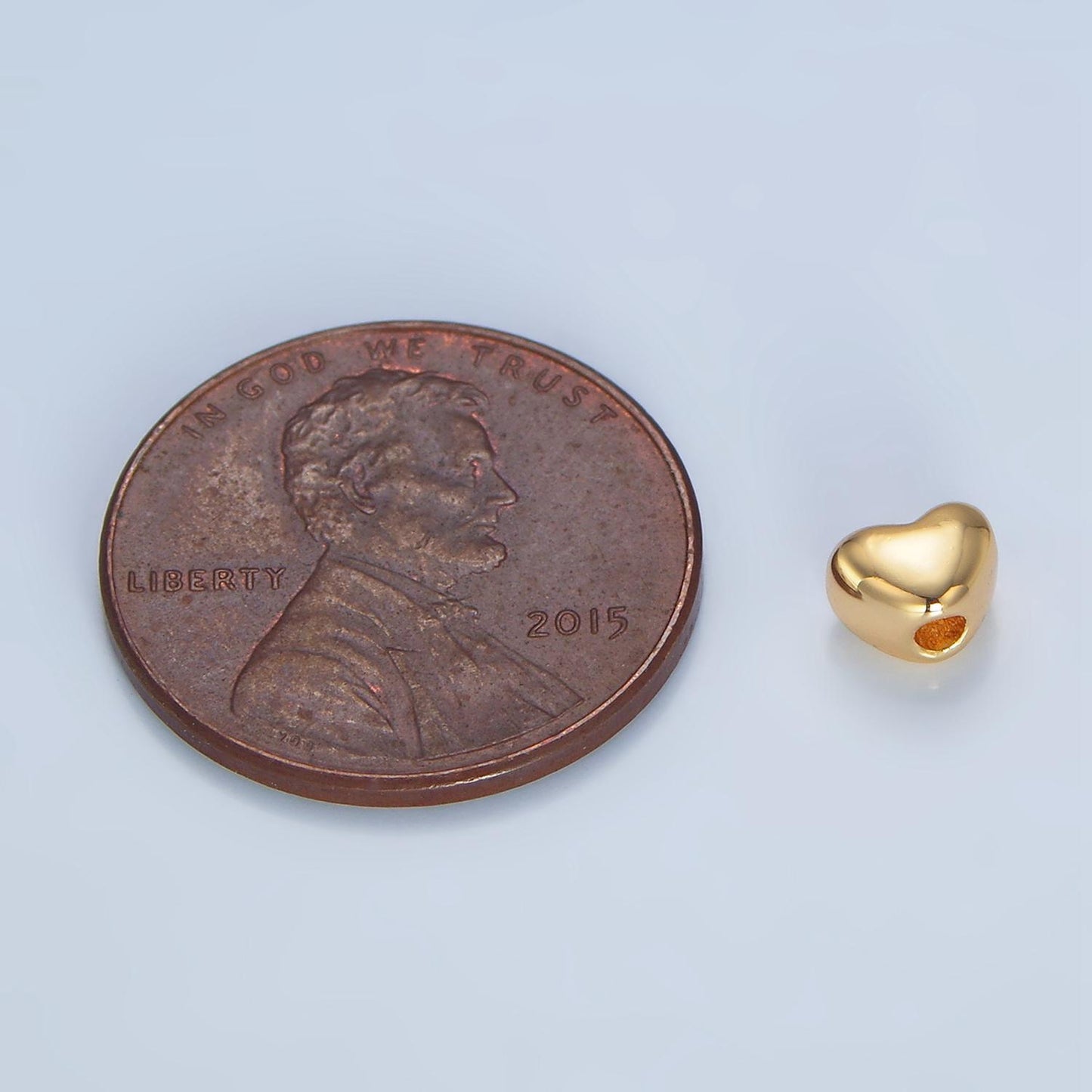 Minimalist chubby heart 24k gold filled bead spacer in gold & silver top bottom hole drill beads | b-063