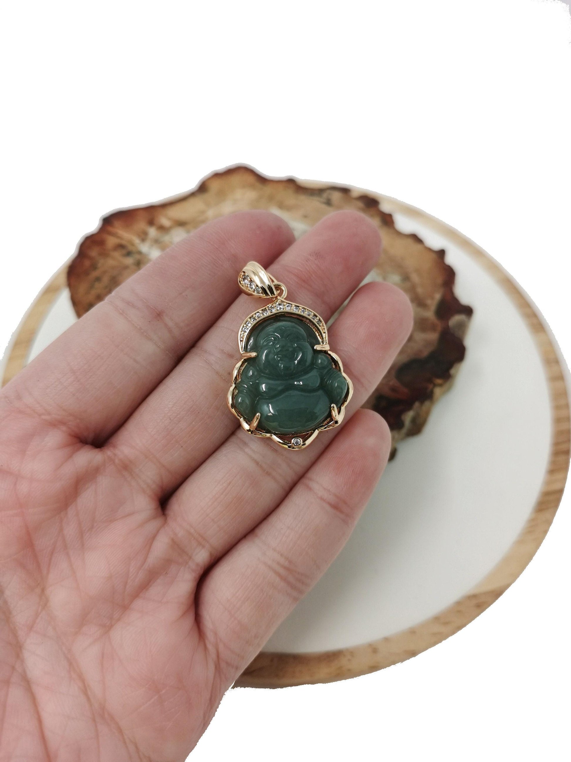 Genuine green jade buddha pendant, 18k gold filled laughing buddha charm micro pave charm minimalist jewelry, ah-226 ah-227