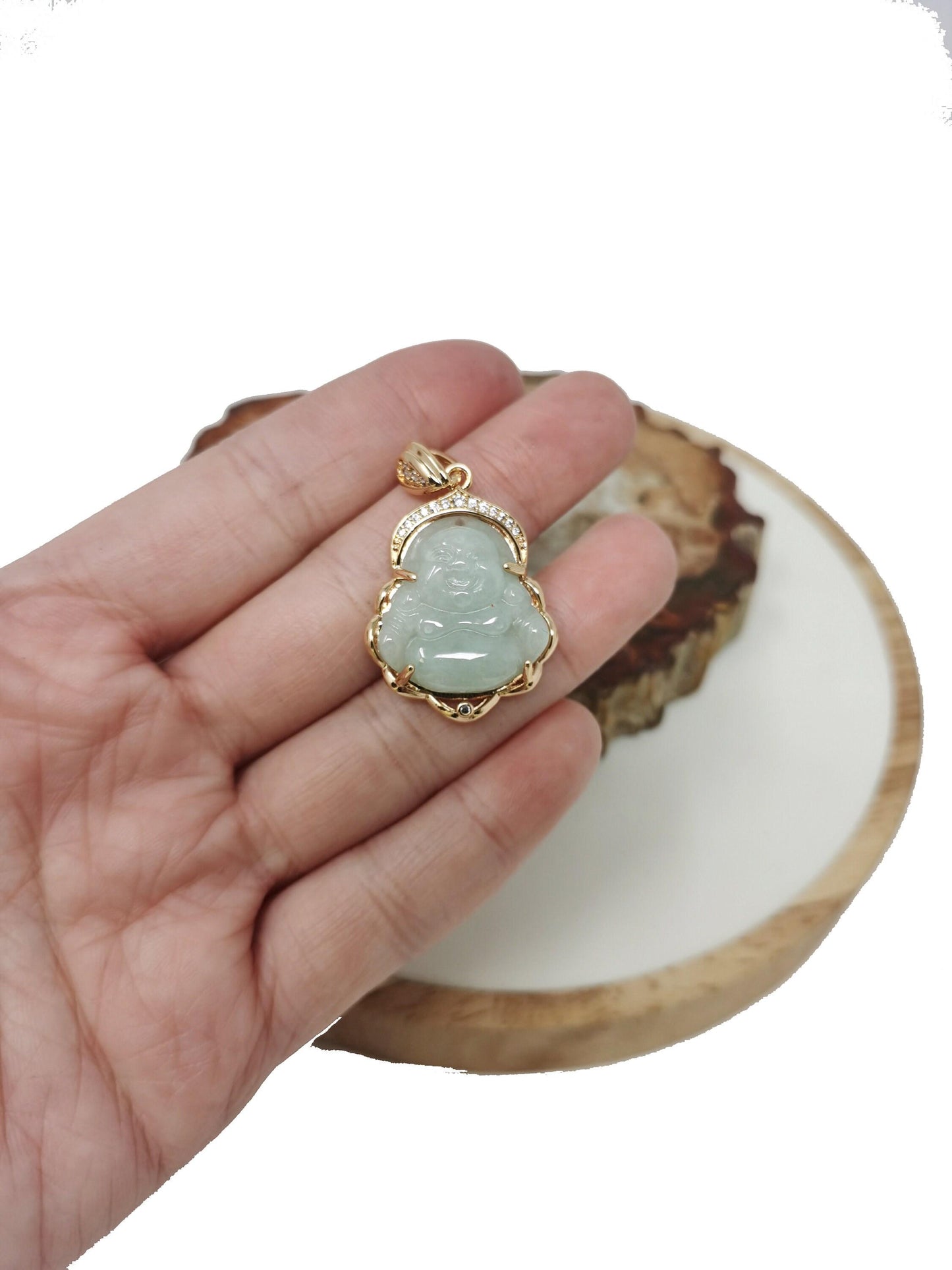 Genuine green jade buddha pendant, 18k gold filled laughing buddha charm micro pave charm minimalist jewelry, ah-226 ah-227