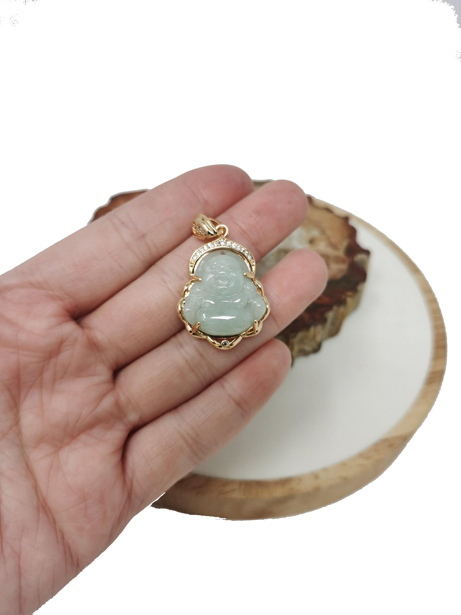 Genuine green jade buddha pendant, 18k gold filled laughing buddha charm micro pave charm minimalist jewelry, ah-226 ah-227