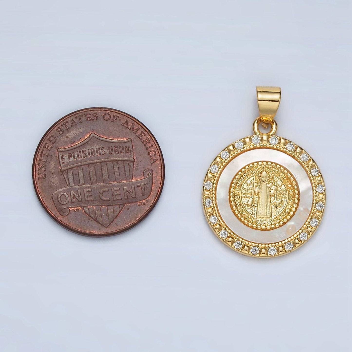 Gold filled st. saint benedict shell pearl cz paved round pendant | ah-184
