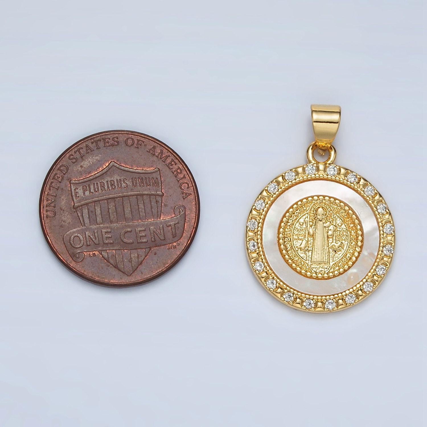 Gold filled st. saint benedict shell pearl cz paved round pendant | ah-184