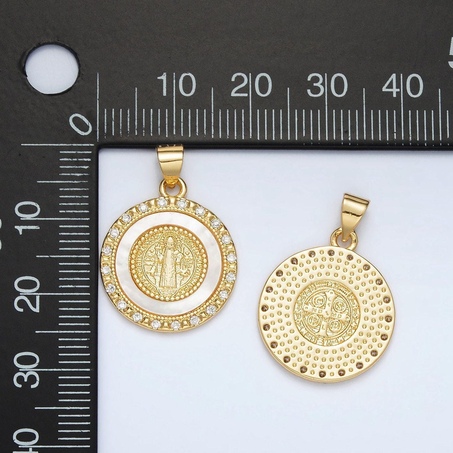 Gold filled st. saint benedict shell pearl cz paved round pendant | ah-184
