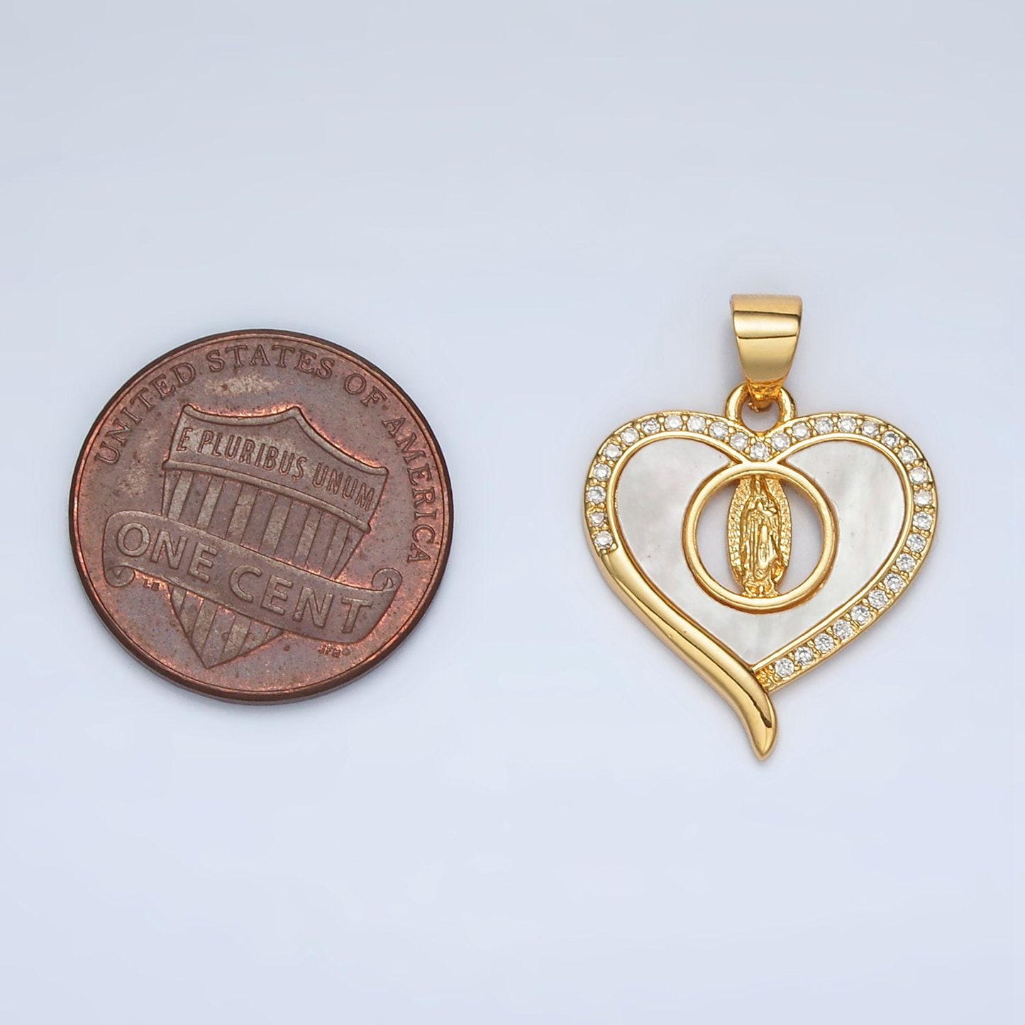 24k gold filled guadalupe shell pearl cz paved heart pendant | ah-182