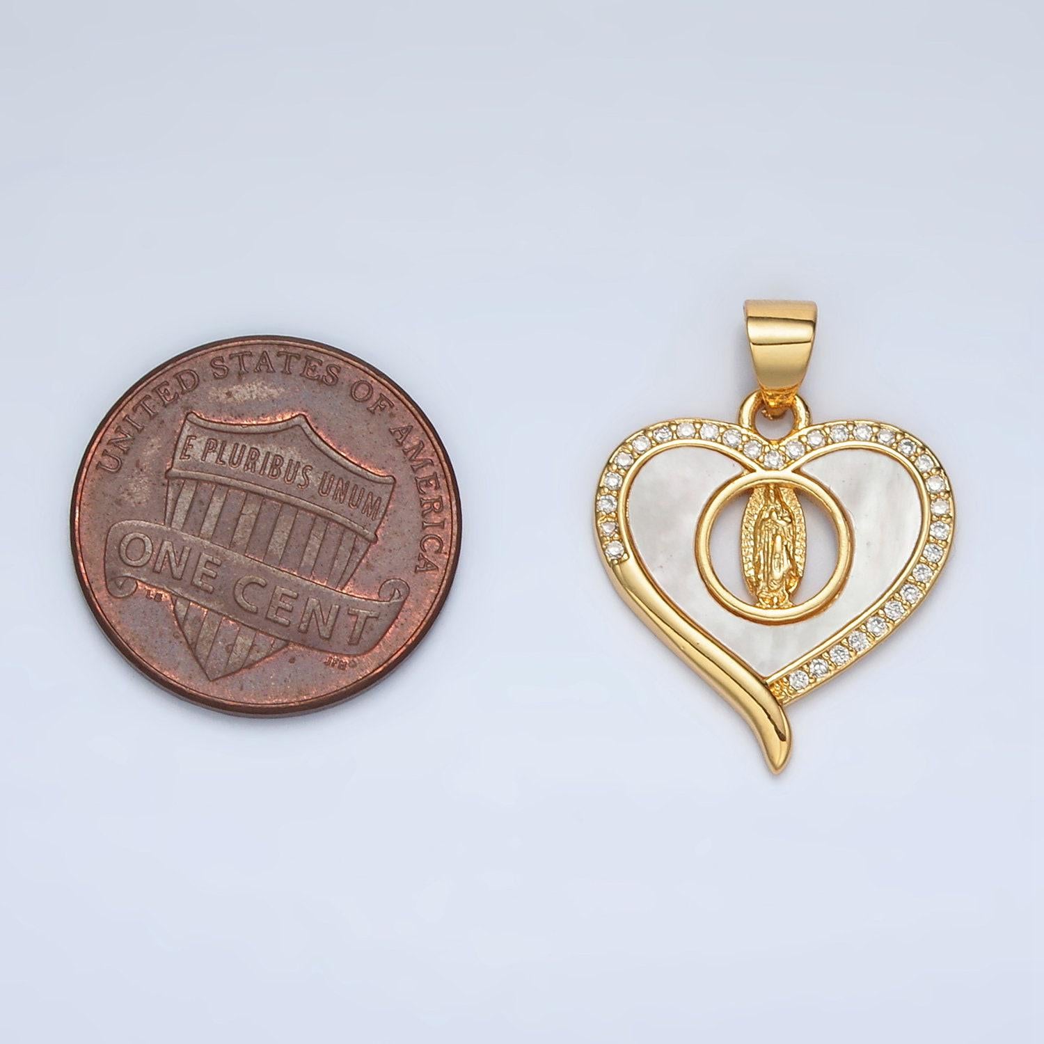 24k gold filled guadalupe shell pearl cz paved heart pendant | ah-182