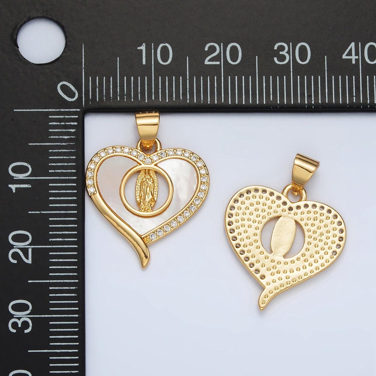 24k gold filled guadalupe shell pearl cz paved heart pendant | ah-182
