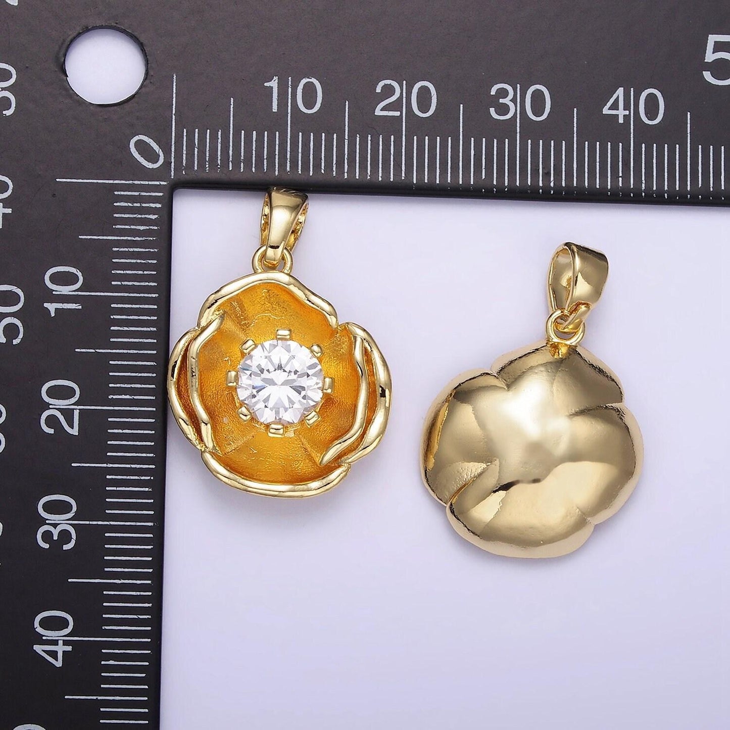 14k gold filled 25mm clear cz hammered dome petal flower pendant | ah-154
