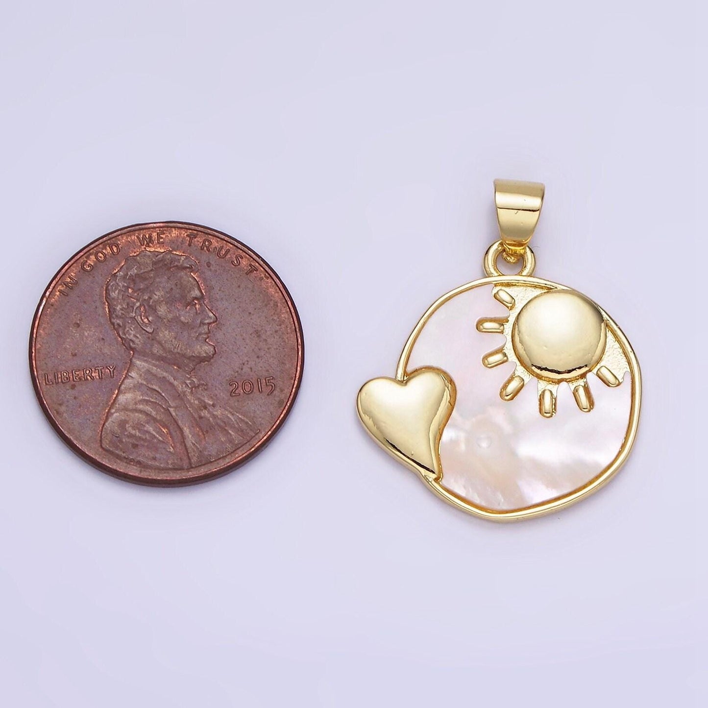 24k gold filled pearl sun heart round disc coin charm celestial love moon heart pendant for minimalist jewelry design | ah-153