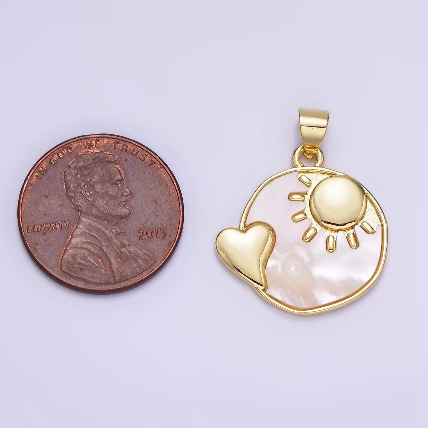 24k gold filled pearl sun heart round disc coin charm celestial love moon heart pendant for minimalist jewelry design | ah-153