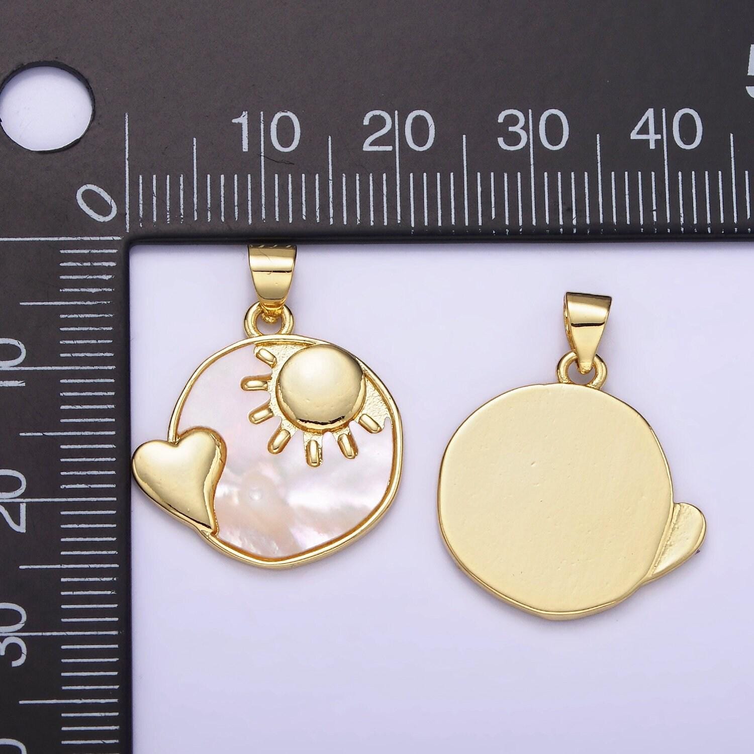 24k gold filled pearl sun heart round disc coin charm celestial love moon heart pendant for minimalist jewelry design | ah-153
