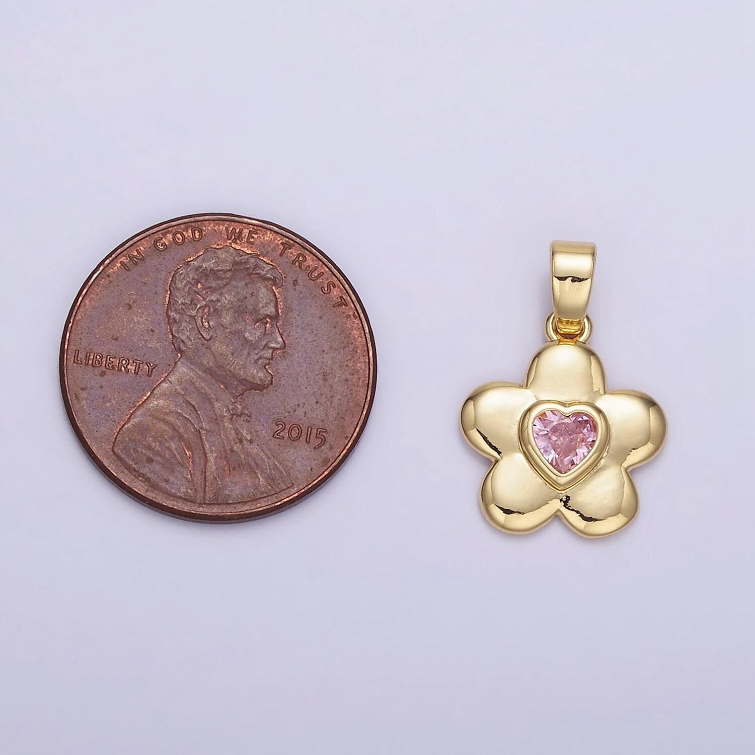 18k gold filled pink heart cz chubby daisy flower petal | ah-150