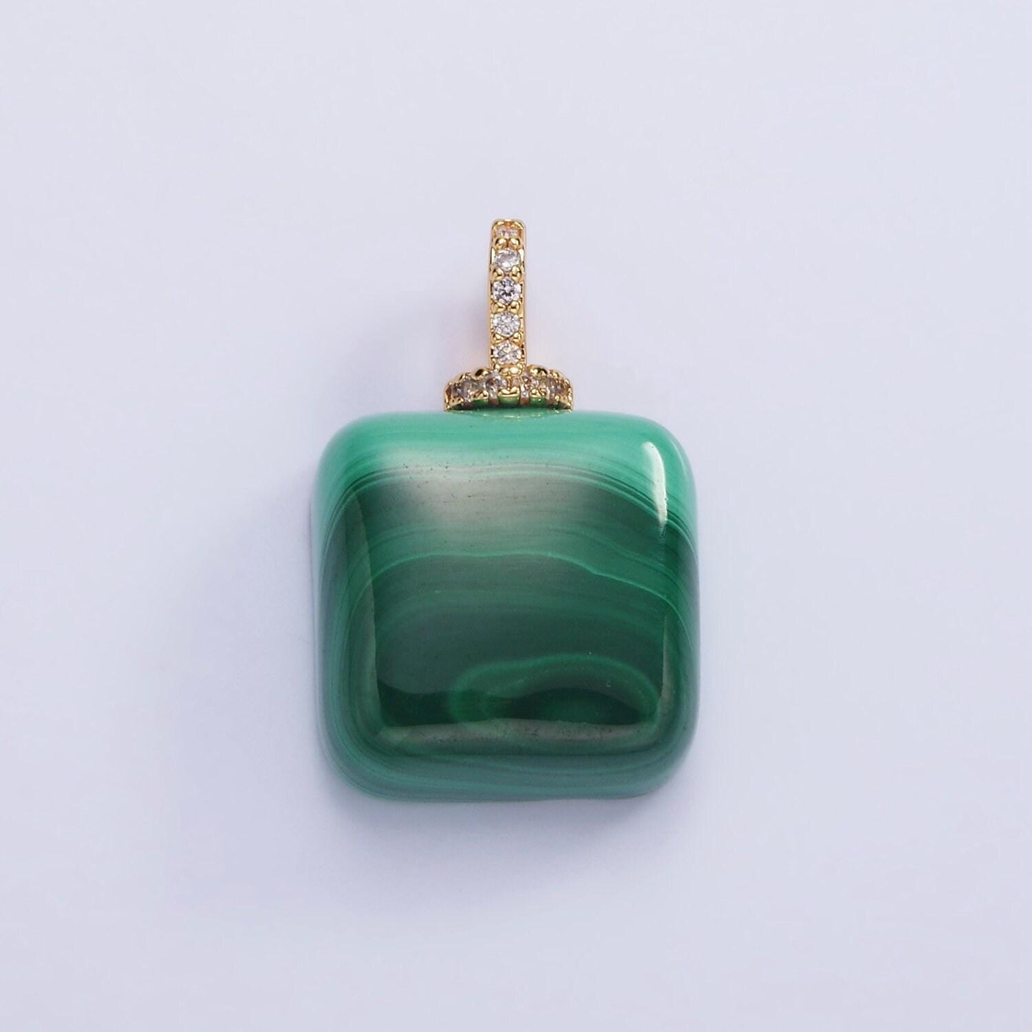 14k gold filled 23mm malachite micro paved cz drill bail pendant | ah-135