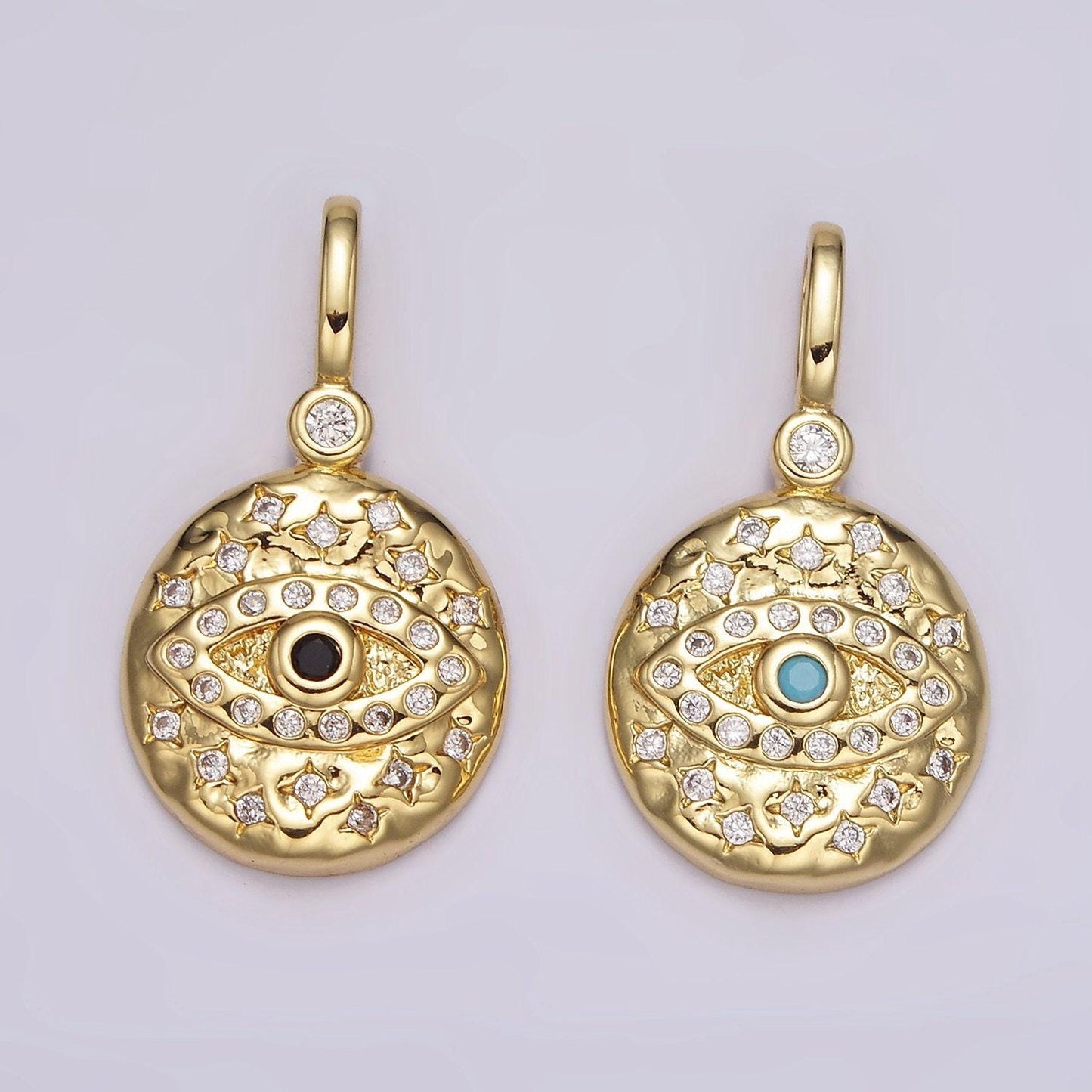 14k gold filled turquoise, black cz evil eye celestial star hammered round pendant | ah085 ah086