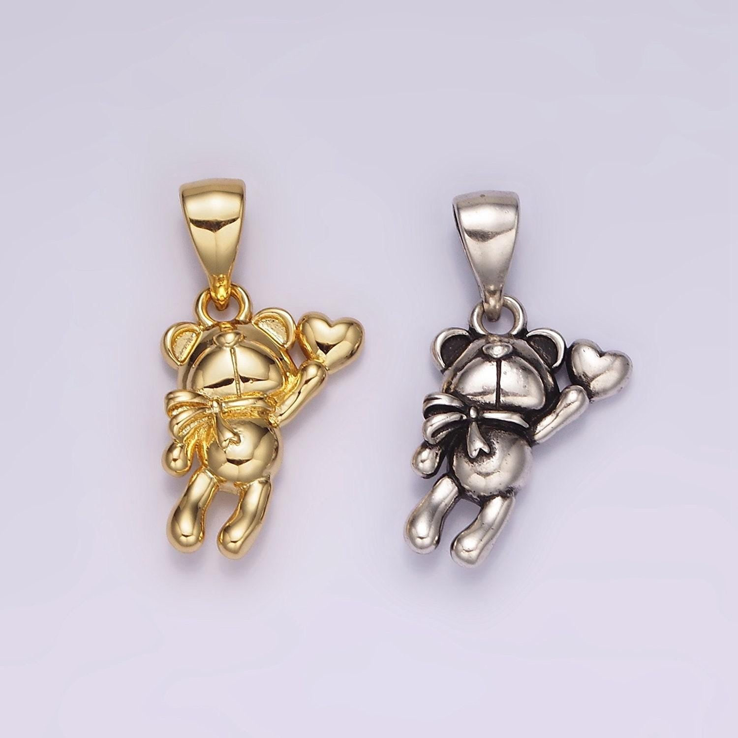 14k gold filled teddy bear animal scarf heart puffed pendant in gold & silver | ah126