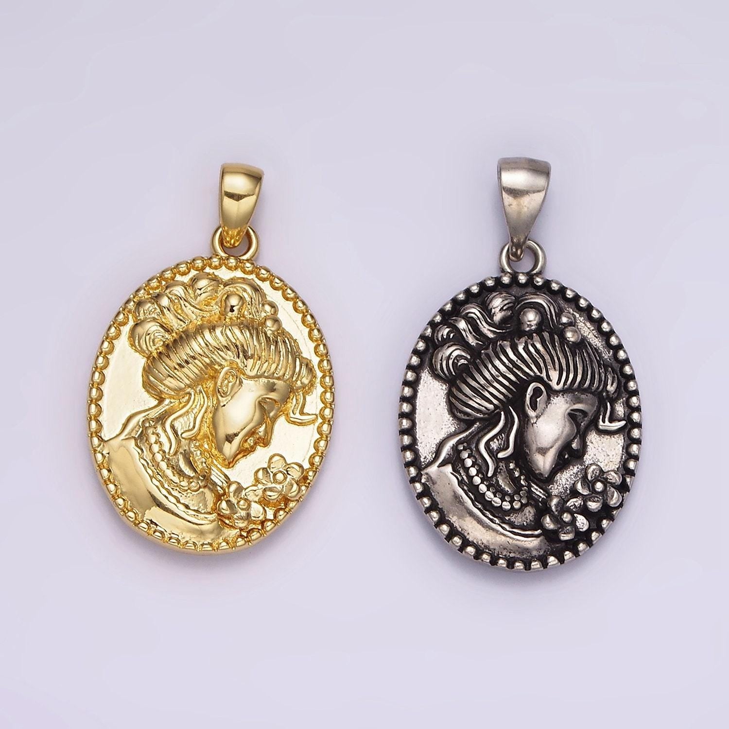 14k gold filled women flower portrait cameo double sided dotted oval pendant in gold & silver | ah125