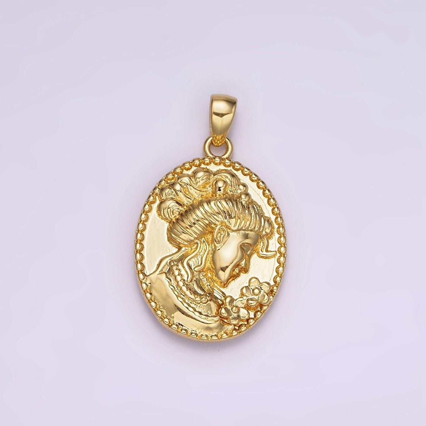 14k gold filled women flower portrait cameo double sided dotted oval pendant in gold & silver | ah125
