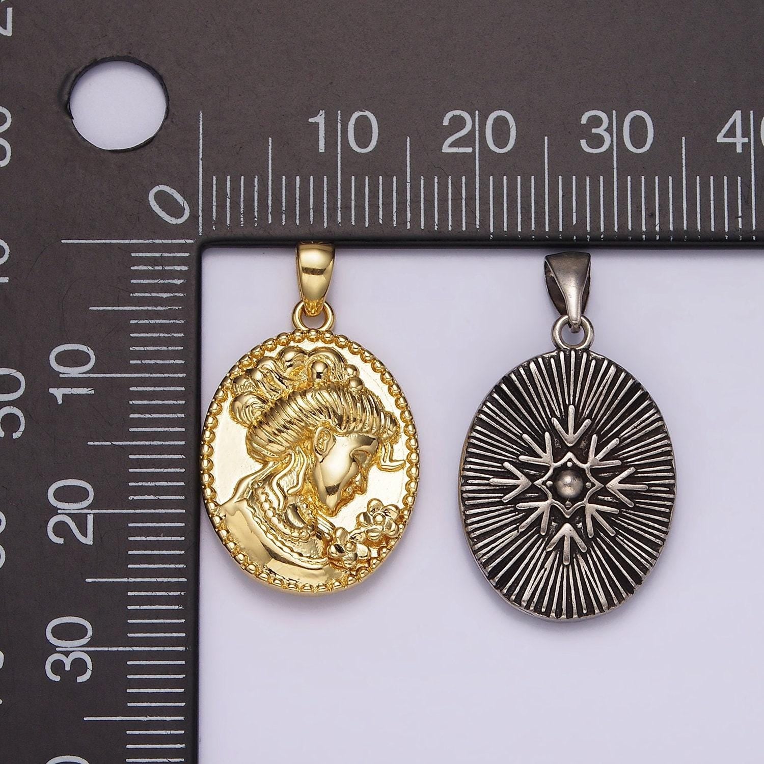 14k gold filled women flower portrait cameo double sided dotted oval pendant in gold & silver | ah125