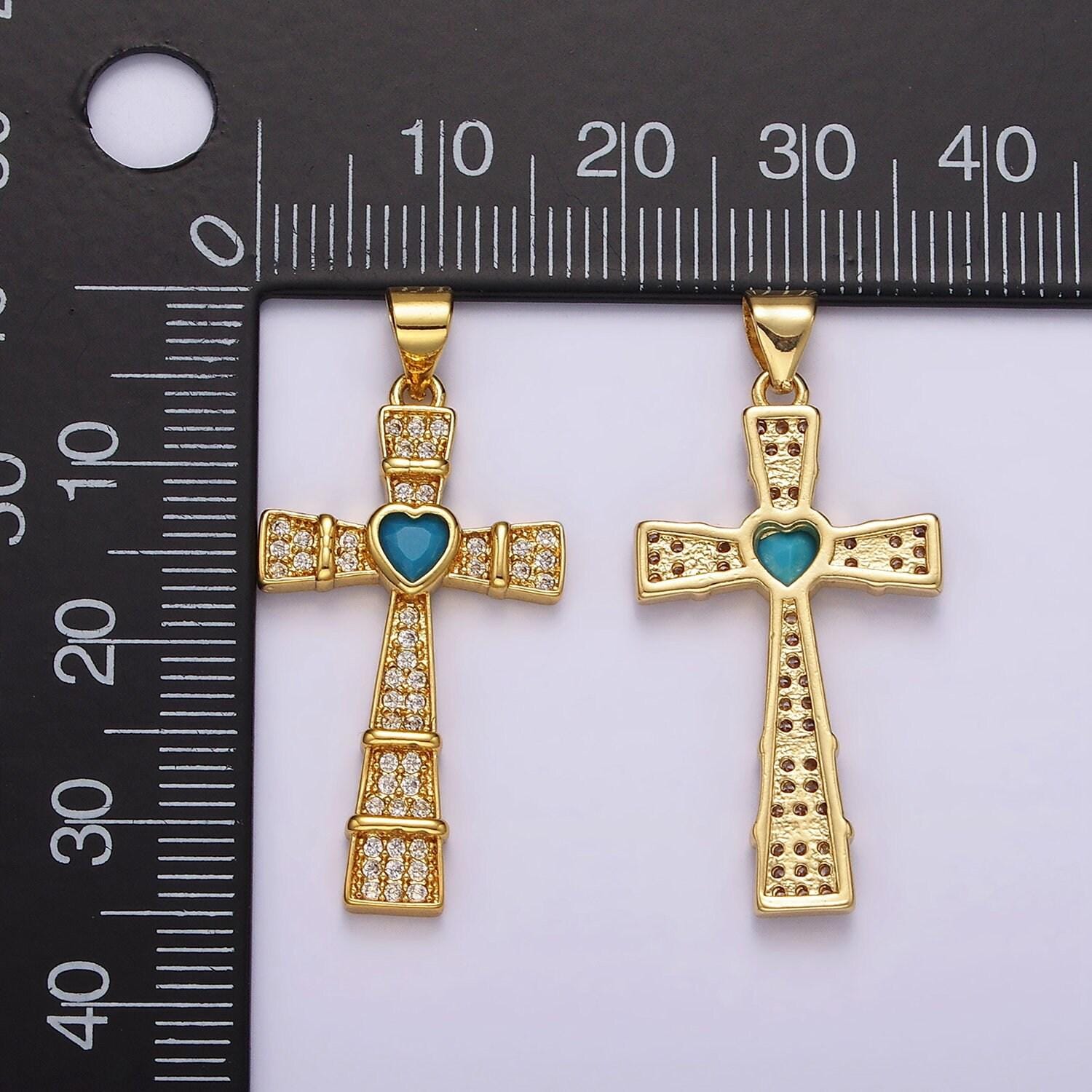 Cubic cross pendant 14k gold filled cross pendant necklace charm with turquoise cz heart stone for religious jewelry ah081