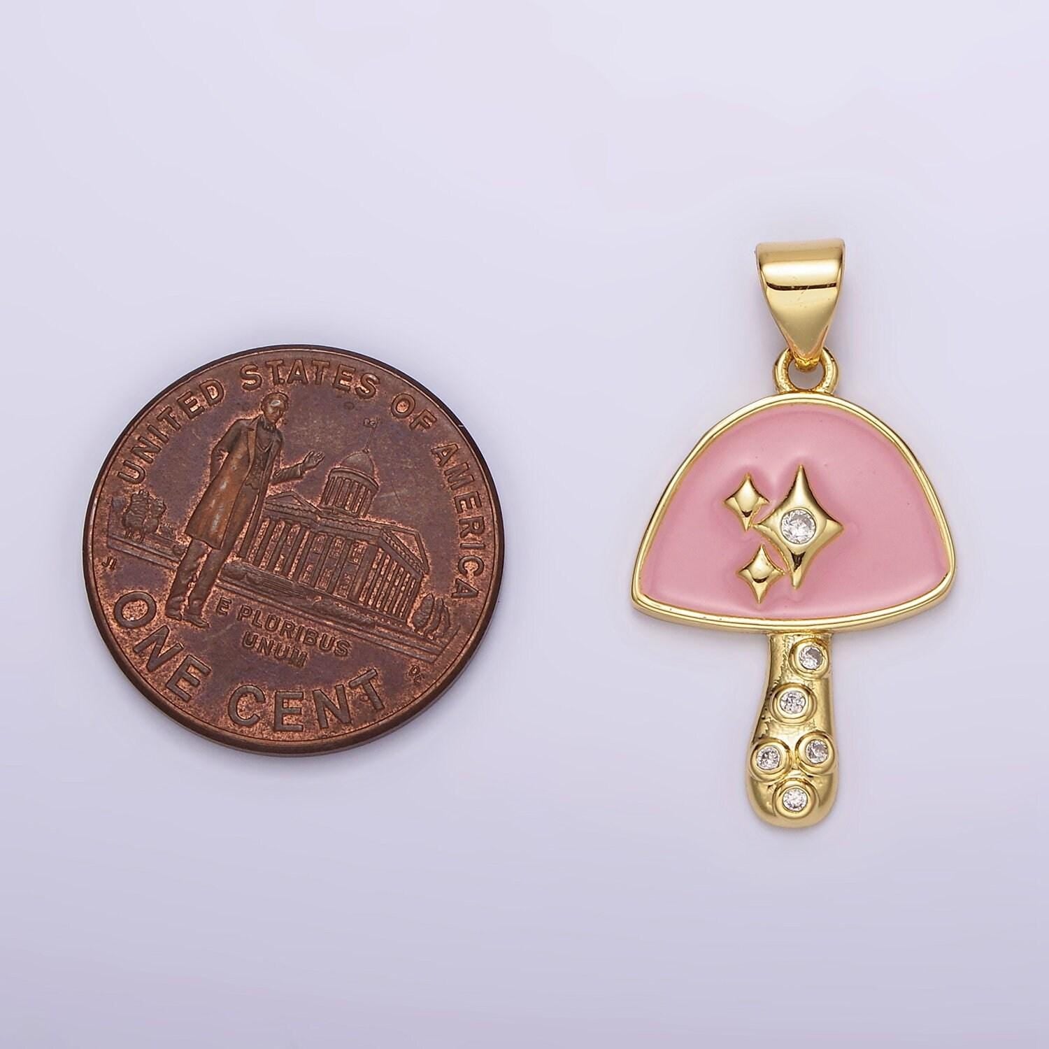 Gold filled mushroom pendant clear cz pink mushroom charm kawaii shroomie pendant dainty mushroom charm jewelry supply ah-076