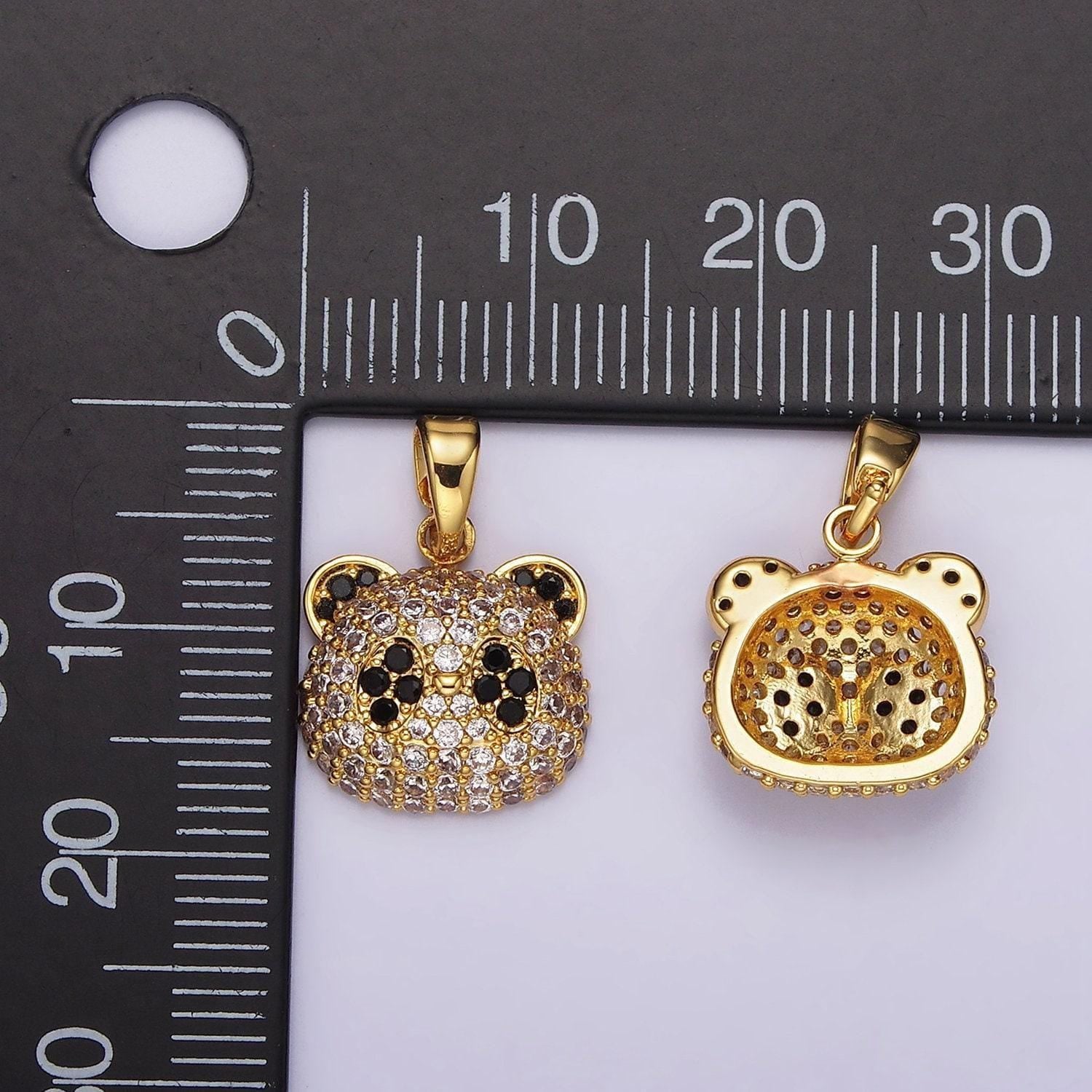 Cubic gold panda bear head charm pendant chinese animal lover kawaii cute charm, craft supplies, diy findings black white cz stone ah062