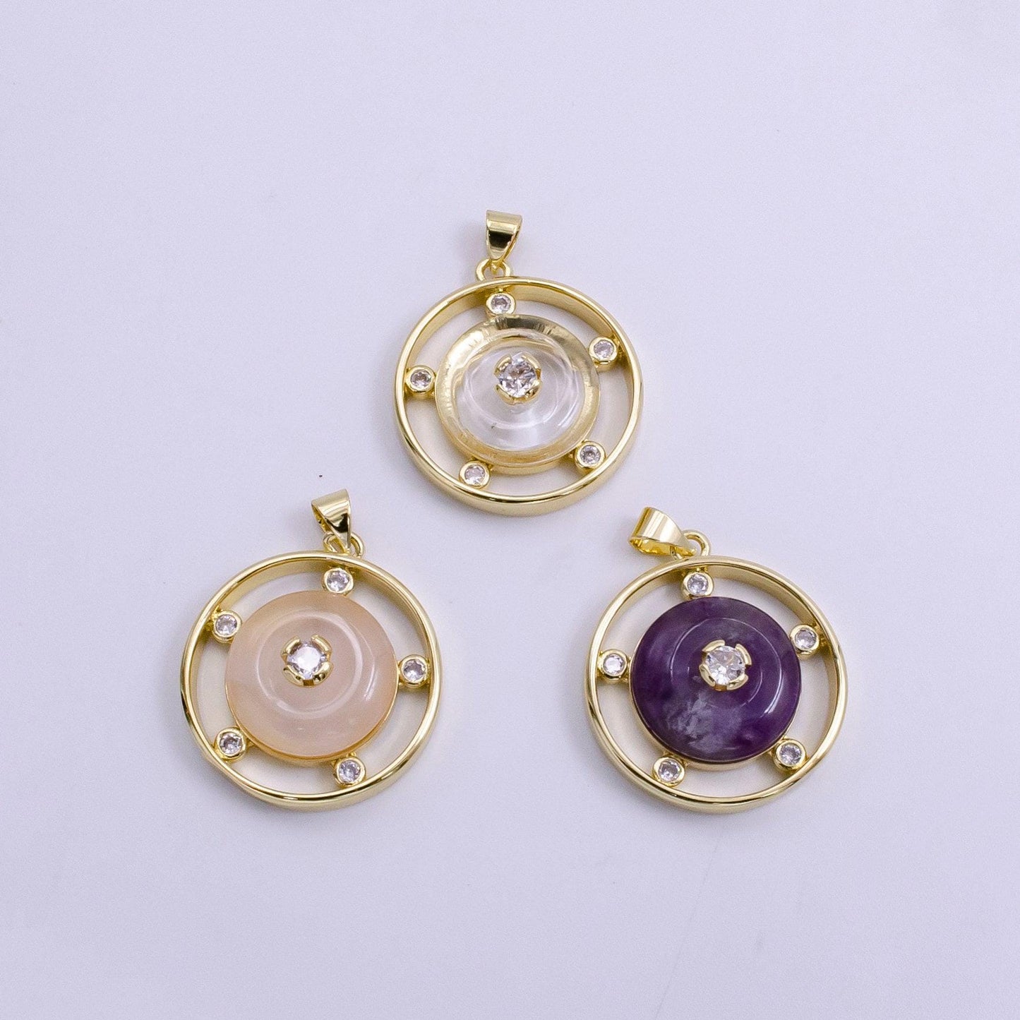 14k gold filled gemstone donut pendant, crystal donut necklace charm amethyst, rose quartz natural stone charm medallion ah055