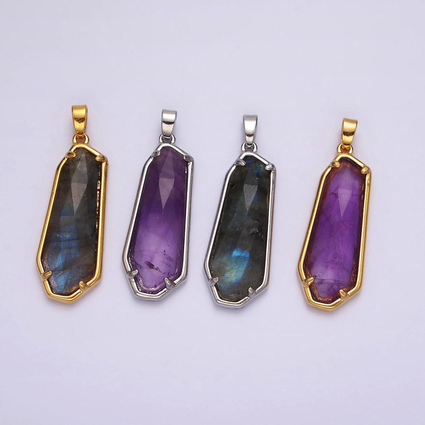 24k gold filled amethyst, labradorite pendant gold bezel long oval dangle tag charm gemstone healing stone good vibes inspired | ag-038