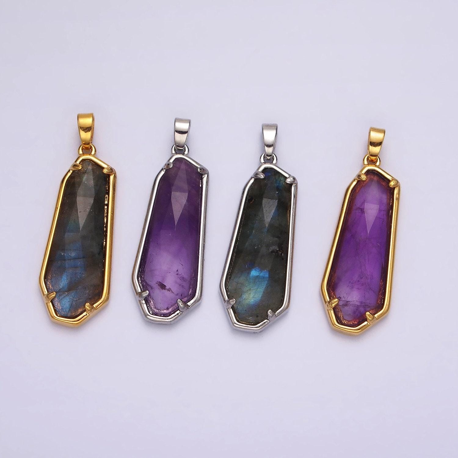 24k gold filled amethyst, labradorite pendant gold bezel long oval dangle tag charm gemstone healing stone good vibes inspired | ag-038